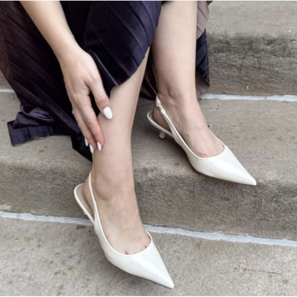 Womens Sz 11 White Pointed Toe Slingback Kitten Heels Pumps Dress Wedding HOCO